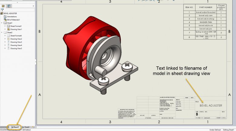 SOLIDWORKS Drawing 'Sheet1' Linked to Assembly Filename