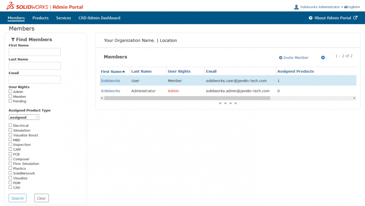Main page of the SOLIDWORKS Admin Portal