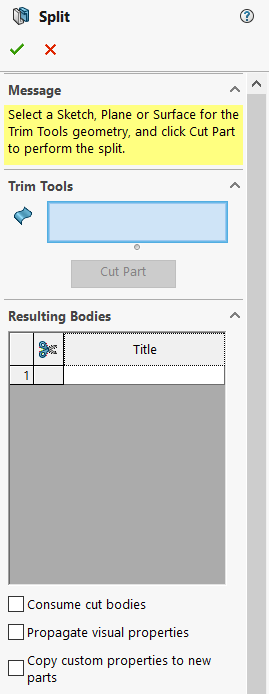 split command in solidworks dialogue box
